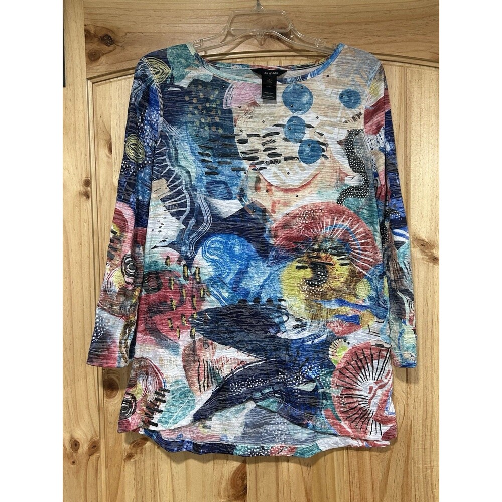 Ali Miles Multi Color Abstract Print Top 3/4 Sleeves Size S Art To Wear